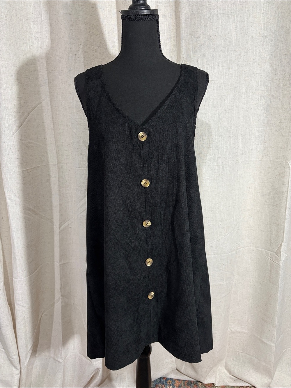 SHEIN Black Corduroy Button-Front Mini Jumper Dress